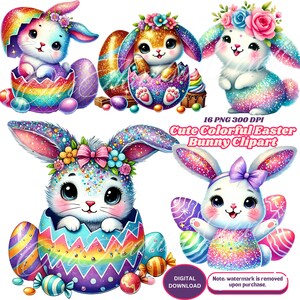 Cute Colorful Easter Bunny Clipart Bundle 16 PNG | Adorable Springtime Designs for Crafts! Digital Easter Designs, Bunny Stickers PNG