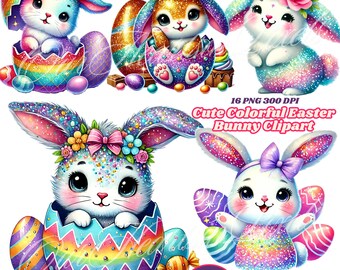 Cute Colorful Easter Bunny Clipart Bundle 16 PNG | Adorable Springtime Designs for Crafts! Digital Easter Designs, Bunny Stickers PNG