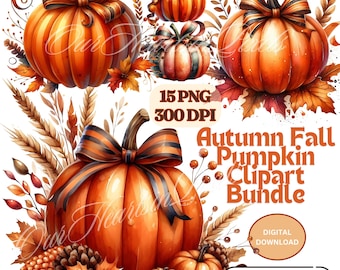 Autumn Fall Pumpkin Clipart Bundle 15 PNG 300 DPI Autumnal clipart Autumn watercolor pumpkin clipart Falling pumpkins clipart Sublimation