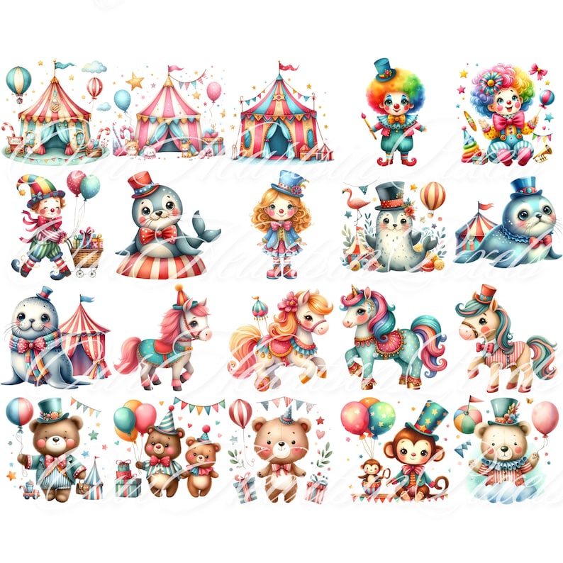 Circus Watercolor Clipart Set 36 PNG Animals Illustration Clown ...