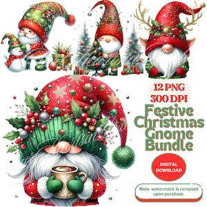 Christmas Gnome Clipart Bundle 12 PNG 300 DPI Watercolor Clipart Festive Gnome PNG Commercial Use Winter Holidays Watercolor Gnome Graphics