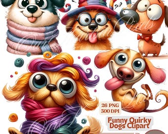 Funny Quirky Dogs Clipart Bundle 26 PNG | Hilarious Dog Designs for Cards, Crafts & More! Comical Dog Illustrations, Playful Dog Clipart