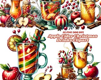 Apfelwein Weihnachtsgetränke Clipart Bundle 12 PNG | Gemütliches Urlaubsgetränke-Design zum Basteln! Warme Getränke Clipart, Urlaub Getränke Aufkleber