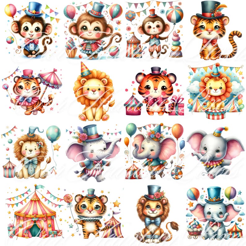 Circus Watercolor Clipart Set 36 PNG Animals Illustration Clown ...