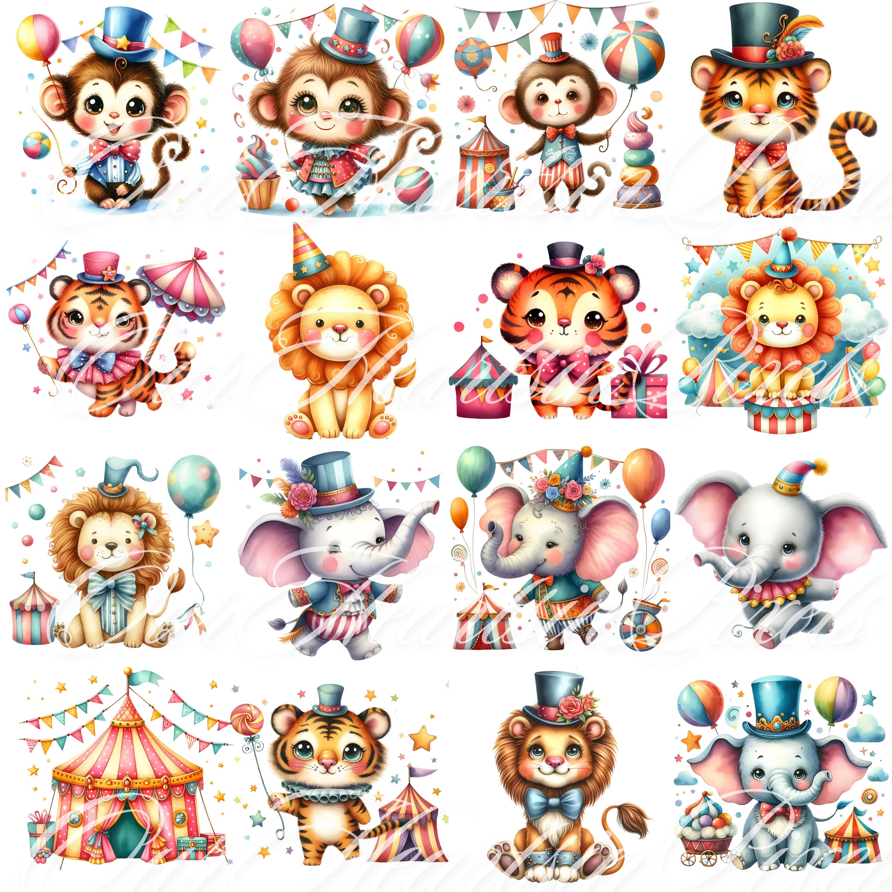 Circus Watercolor Clipart Set 36 PNG Animals Illustration Clown ...