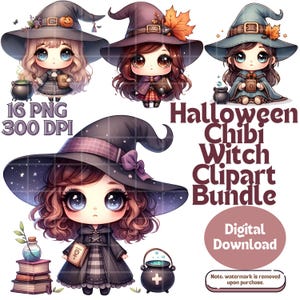 Halloween Chibi Witch Clipart Bundle Set of 16 PNG 300 DPI Halloween Png Design Witche Clipart Clipart Witches Cute Halloween Witch Clipart