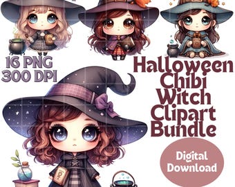 Halloween Chibi Witch Clipart Bundle Set of 16 PNG 300 DPI Halloween Png Design Witche Clipart Clipart Witches Cute Halloween Witch Clipart