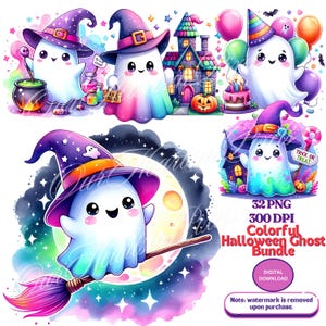 カラフルなハロウィーンのゴースト クリップアート バンドル 32 PNG | 子供向けのかわいいゴースト | パーティーのデコレーション、招待状、ステッカー、DIY クラフト、昇華 png