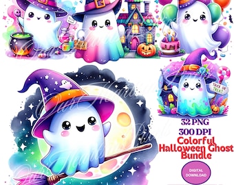 Colorful Halloween Ghost Clipart Bundle 32 PNG| Cute Ghosts for Kids | Party Decorations, Invitations, Stickers, DIY Crafts, Sublimation png