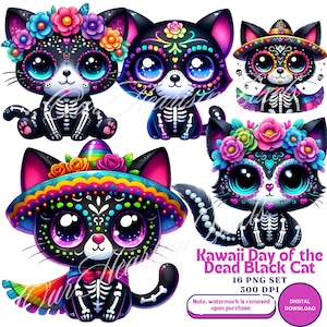 Kawaii schwarze Katze Tag der Toten La Catrina Tag der Toten PNG Clipart DÃa de Los Muertos Clipart, Sugar Skull Mexikanisches Halloween Bundle Neon