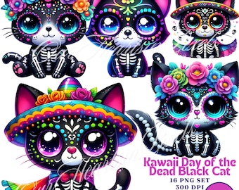 Kawaii Black Cat Day of the Dead La Catrina Day of the dead PNG Clipart Día de Los Muertos Clipart,Sugar Skull Mexican Halloween bundle Neon