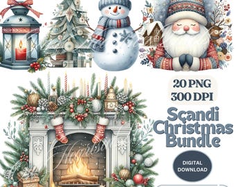Scandi Christmas Clipart Bundle Set of 20 PNG 300 DPI Christma Clipart Winter Holiday Clipart Watercolor Christmas Graphics Scandi Christmas