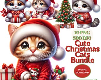 Cute Christmas Cats Clipart Bundle 10 PNG 300 DPI Holiday Clipart Watercolor Christma Clipart Winter Holiday Clipart Christmas Graphics PNG