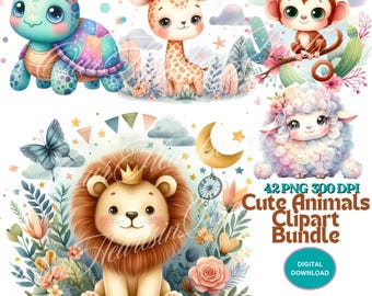 Cute Animals Clipart Bundle 42 PNG Cute Safari Watercolor Animals PNG Lion Giraffe Tiger Elephant Monkey Baby Shower Nursery Wall Decor DIY
