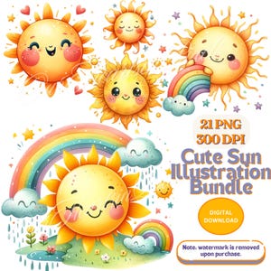 Cute Sun Clipart Bundle 21 PNG Water Color Clipart Happy Sun Kids Illustration Happy Sun png Weather Clipart Hand Drawn Clipart Smiling Sun
