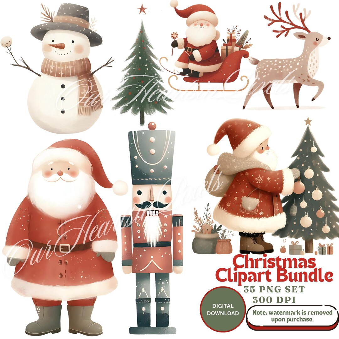 Watercolor Christmas Clipart 35 PNG Santa Claus Clipart Reindeer ...