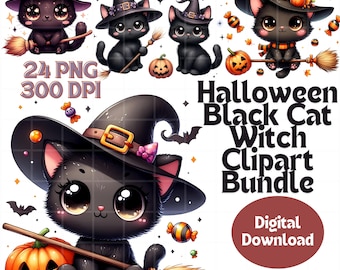 Paquete de 24 imágenes prediseñadas de bruja y gato negro kawaii de Halloween, 300 DPI, diseños PNG de temporada espeluznante, imágenes prediseñadas de gato negro, lindos gatos negros, paquete de gatos PNG