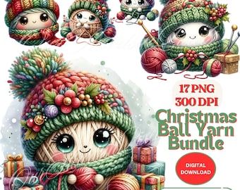 Paquete de imágenes prediseñadas de bolas de hilo de Navidad, 17 PNG, 300 DPI, acuarela, imágenes prediseñadas, bolas de hilo festivas, PNG, uso comercial, vacaciones de invierno, acuarela, crochet