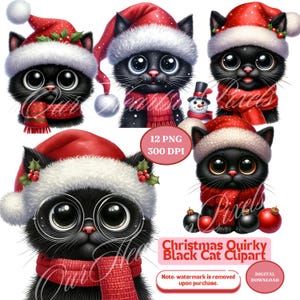 Paquete de 12 imágenes prediseñadas de gato negro divertido y peculiar de Navidad. Diseños de gatos festivos divertidos para camisetas y tarjetas. Gato festivo PNG. Gato negro festivo
