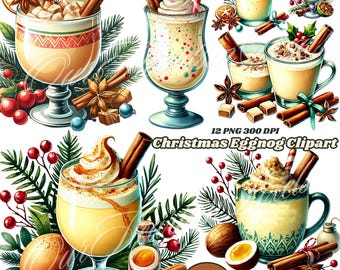 Christmas Eggnog Drink Clipart Bundle 12 PNG | Festive Beverage Illustrations for Holiday Crafts! Festive Cocktail Clipart, Holiday Drinks