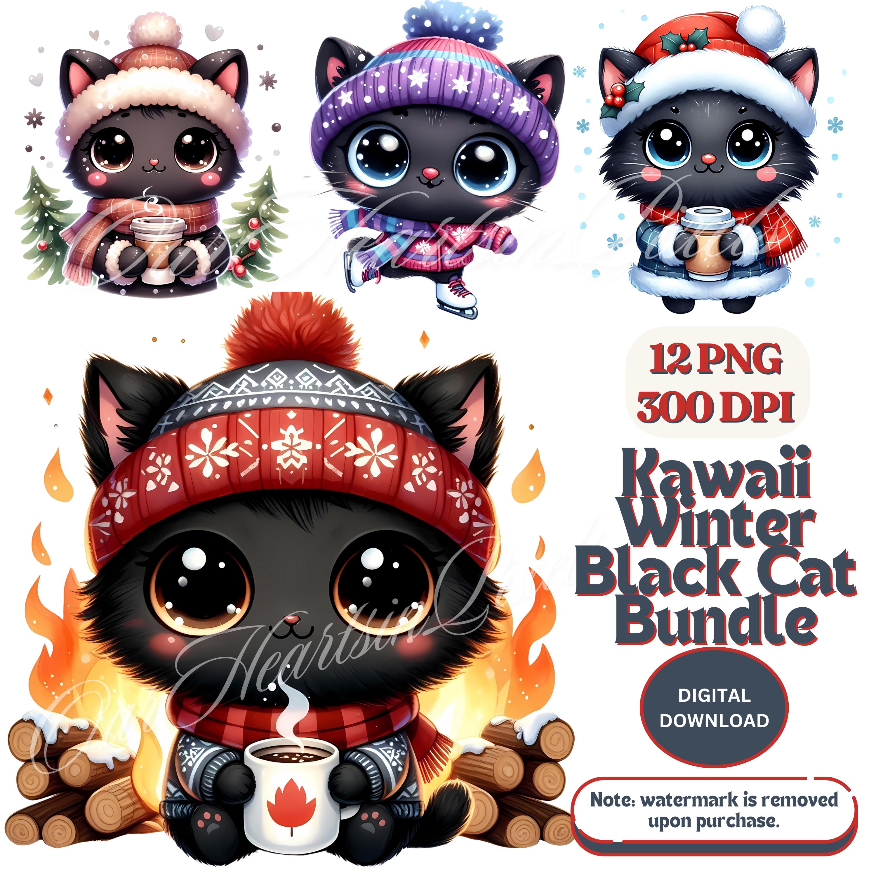 Kawaii Winter Black Cat Clipart Bundle Set of 12 PNG 300 DPI Watercolor ...