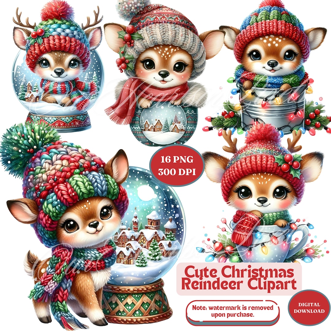 Cute Christmas Reindeer Clipart Bundle 16 PNG | Festive Reindeer ...