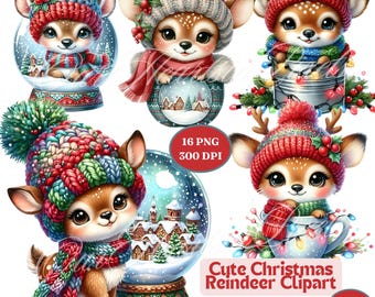 Lindo paquete de imágenes prediseñadas de renos navideños: 16 diseños PNG de renos festivos para impresiones de camisetas. Imágenes prediseñadas de renos festivos: impresiones navideñas para hacer tú mismo