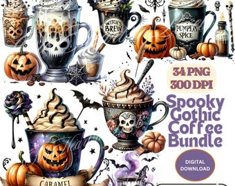 Może przedstawiać: Zestaw 34 cyfrowych ilustracji z motywem gotyckiej kawy. Ilustracje przedstawiają różne napoje kawowe z motywami Halloween, w tym dynie, nietoperze i czaszki. Tekst "Spooky Gothic Coffee Bundle" jest wyświetlany na fioletowym banerze.