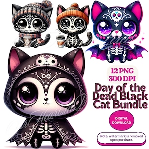 かわいい黒猫、死者の日、ラ・カトリーナ、死者の日 PNG クリップアート、ディア・デ・ロス・ムエルトス クリップアート、シュガー スカル、メキシカン ハロウィーン バンドル。
