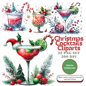 Pacchetto di clipart di bevande da cocktail di Natale PNG di cocktail festivi Bevande per le feste per adesivi di carte Sublimazione Artigianato fai da te Acquerello clipart