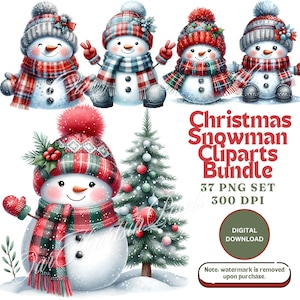 Lot de 37 cliparts de bonhomme de neige de Noël PNG| Bonhomme de neige mignon PNG | Clipart hiver pour cartes, autocollants, sublimation, travaux manuels, décoration des fêtes