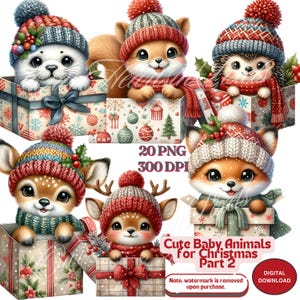 Lot de 20 cliparts de Noël bébés animaux PNG | Adorable image clipart des fêtes avec renne, phoque, hérisson, écureuil et renard de jolis bébés animaux