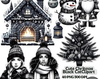 Moody Black and White Christmas Clipart Bundle 40 PNG Elegant Holiday Designs for Cards, Prints & More! Stylish Woman Clipart Winter Clipart