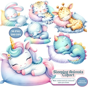 Sleeping Baby Animals Clipart Bundle 36PNG Cute Sleeping Animals Unicorn Dinosaur Monkey Lion Tiger Giraffe Owl Penguin Bunny Panda Elephant