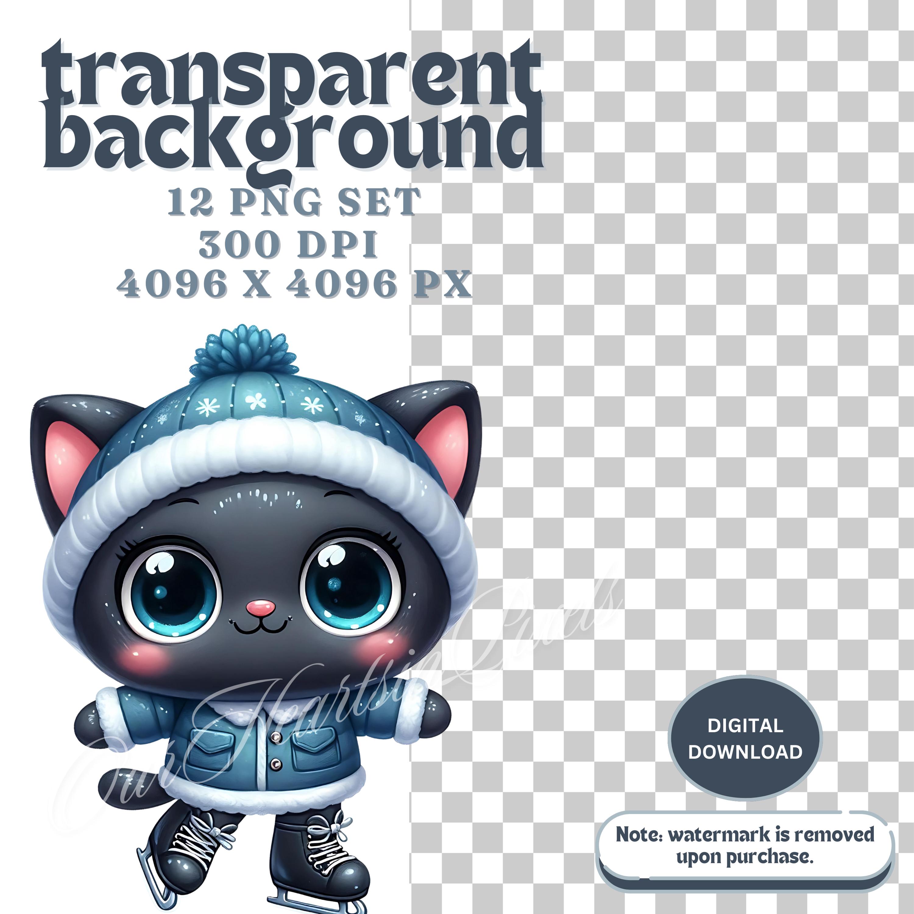 Kawaii Winter Black Cat Clipart Bundle Set of 12 PNG 300 DPI Watercolor ...