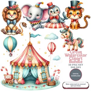 Conjunto de 36 imágenes prediseñadas de acuarela de circo, ilustración de animales PNG, payaso, decoración colorida para guardería, carpa para fiesta de circo, fiesta infantil, descarga digital