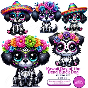 Kawaii Schwarzer Hund Tag der Toten La Catrina Tag der Toten PNG Clipart Distas de los Muertos Clipart, Sugar Skull mexikanisches Halloween Bundle Neon
