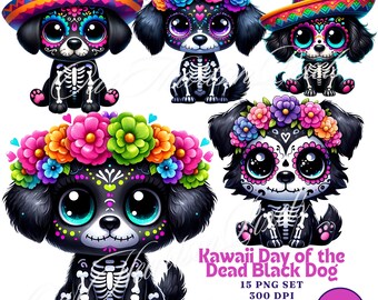 Kawaii Black Dog Day of the Dead La Catrina Day of the dead PNG Clipart Día de Los Muertos Clipart,Sugar Skull Mexican Halloween bundle Neon