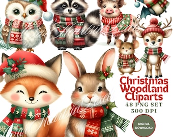 Christmas Woodland Animals Clipart Bundle 48 PNG, Holiday Digital Designs, Instant Download, Winter Forest Friends, Cute Christmas Animals