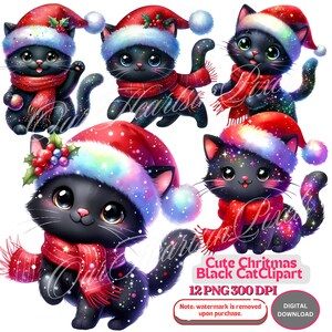 Joli lot de 12 cliparts de chat noir de Noël PNG | Des motifs félins festifs avec un bonnet de Noel et une écharpe pour des t-shirts, des cartes et plus encore ! Amoureux des chats Clipart