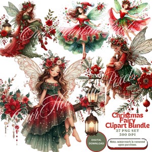 May include: A digital clipart bundle of 27 Christmas fairies in red and green dresses with wings and floral accents. The fairies are sitting on branches with lanterns and holly.