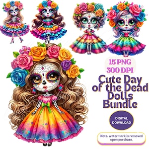 Schattig La Catrina Day of the Dead Doll Clipart 15 PNG 300 DPI Clipart Día de Los Muertos Clipart Sugar Skull Mexicaanse Halloween dag-van-de-doden