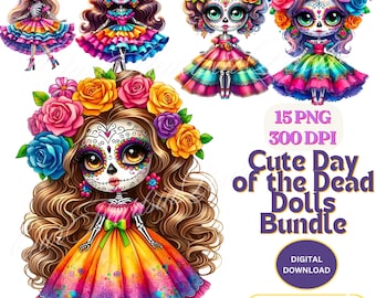 Cute La Catrina Day of the Dead Doll Clipart 15 PNG 300 DPI Clipart Día de Los Muertos Clipart Sugar Skull Mexican Halloween day-of-the-dead
