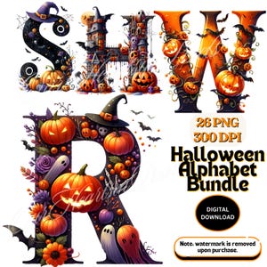 Pacchetto di clipart dell'alfabeto di Halloween 26 PNG / Disegni di lettere spettrali e divertenti Clipart di zucca di Halloween Design di sublimazione Clipart di lettere spettrali