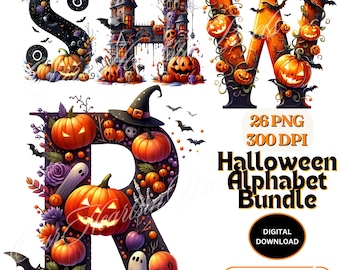 Halloween Alphabet Clipart Bundle 26 PNG | Spooky & Fun Letter Designs Halloween Pumpkin clipart Sublimation Design Spooky Letters Clipart