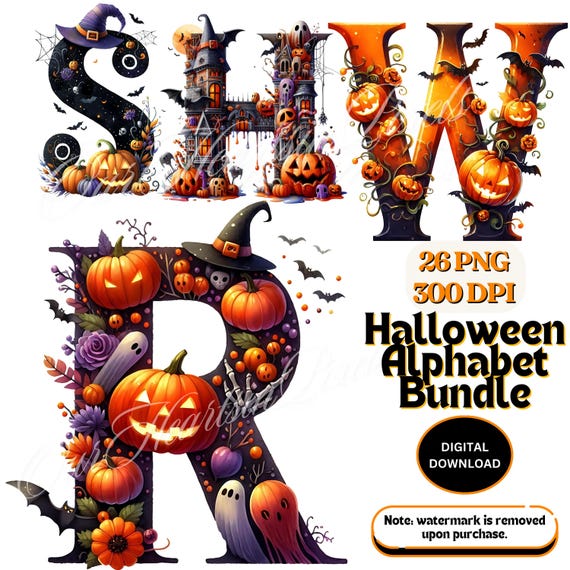 Halloween Alphabet Clipart Bundle 26 PNG | Spooky & Fun Letter Designs Halloween Pumpkin clipart Sublimation Design Spooky Letters Clipart