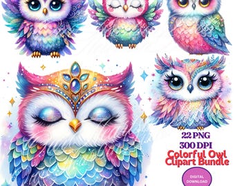 Paquete de 22 imágenes prediseñadas de búhos brillantes PNG, imágenes prediseñadas de sublimación de búhos, búhos imprimibles, búhos coloridos, búhos de acuarela, descarga digital, imágenes prediseñadas de aves, 300 DPI
