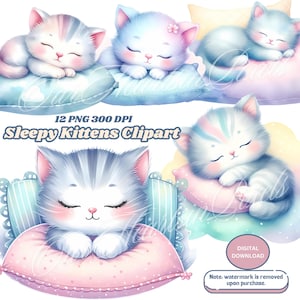 Süße schlafende Kätzchen Clipart Bundle 12 PNG | Entzückende Pastellkatzen-Designs zum Basteln. Babypartyeinladungen, Kinderzimmer Wanddrucke, Aufkleber