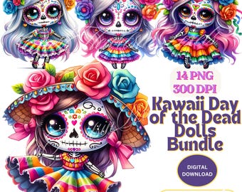 Kawaii La Catrina Day of the dead-dockor 14 PNG Clipart Día de Los Muertos Clipart Sockerskalle, mexikansk Halloween-paket. day-of-the-dead