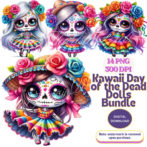 Kawaii La Catrina Day of the dead dolls 14 PNG Clipart Día de Los Muertos Clipart Sugar Skull, Mexican Halloween bundle. day-of-the-dead